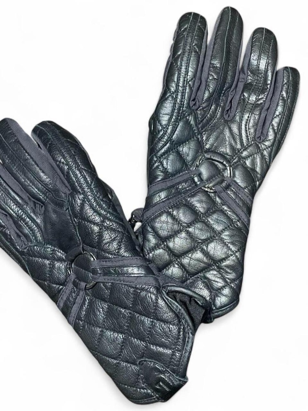 Women’s small Burton unique Quilted black Leather Gloves with silver hardware